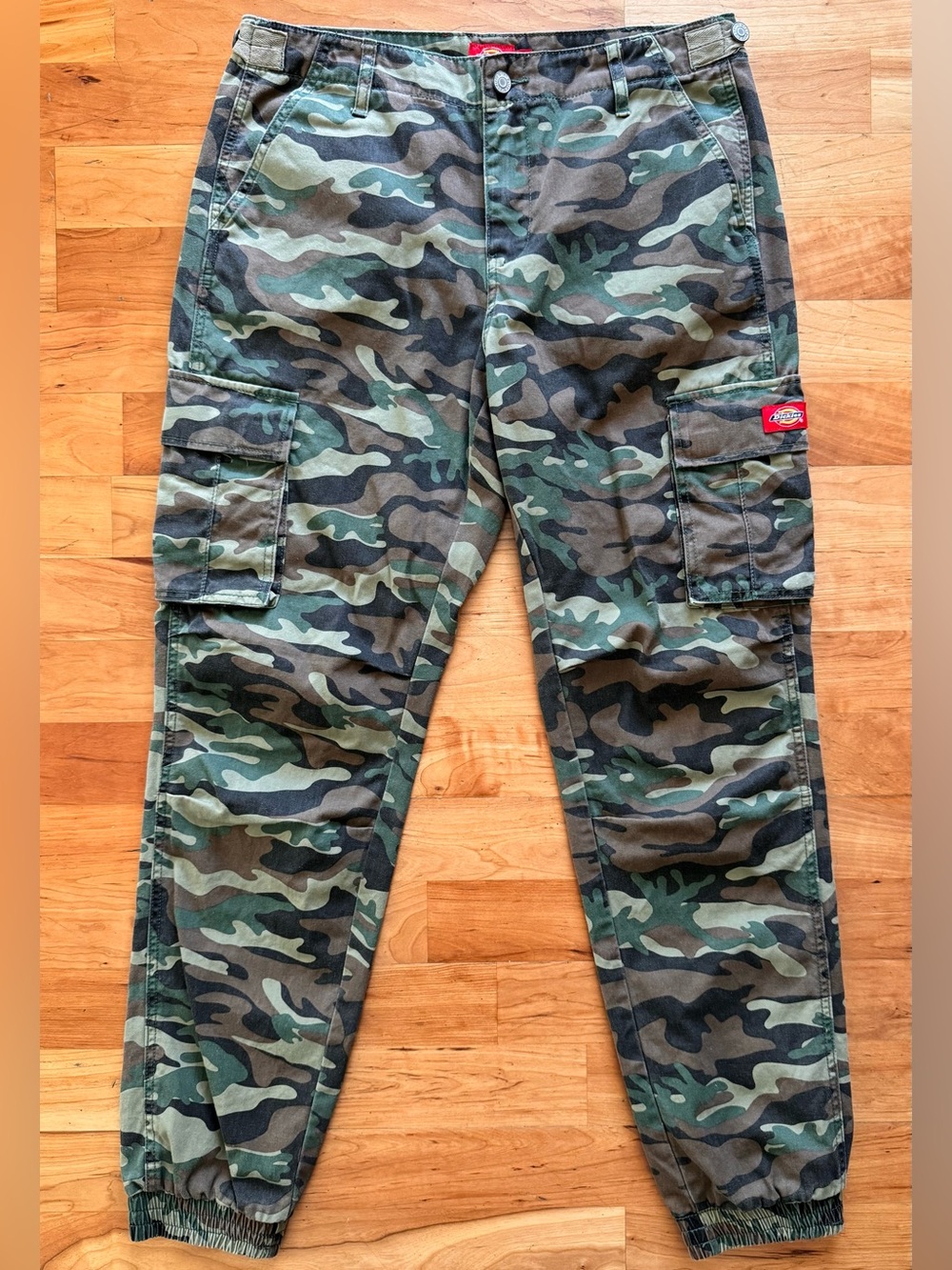 Dickies Camo Mid-Rise Cargo Pants Women’s 7/28 Elastic Cuffs Relaxed 100% Cotton